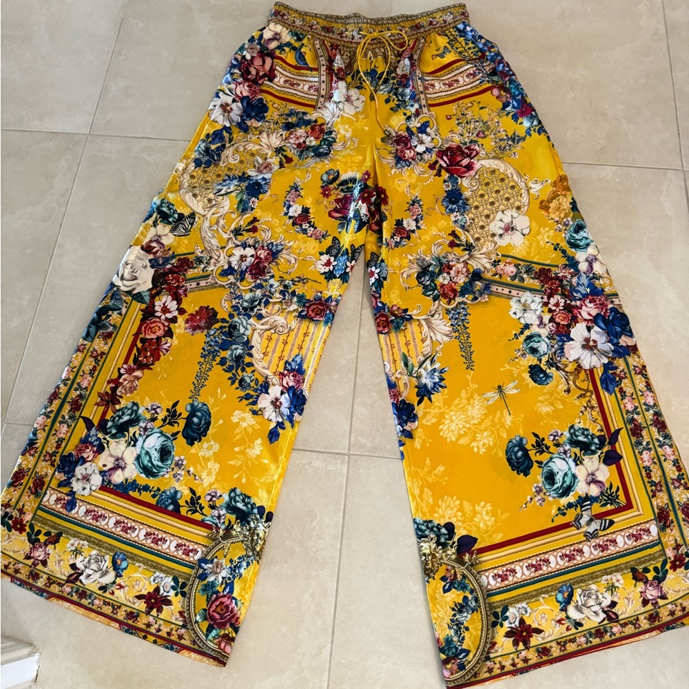 Camilla Yellow 100% Silk  Floral Wide Leg Pant size Small - Picture 4 of 10